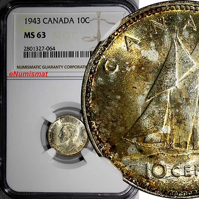 CANADA George VI Silver 1943 10 Cents NGC MS63 Lightly Toned KM# 34 (064) - Image 1 of 3