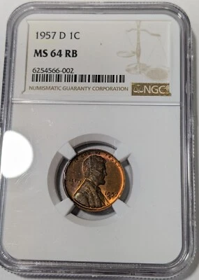 1957 - D - Lincoln Wheat Cent Penny - NGC - MS64 RB - Toned - Image 1 of 4