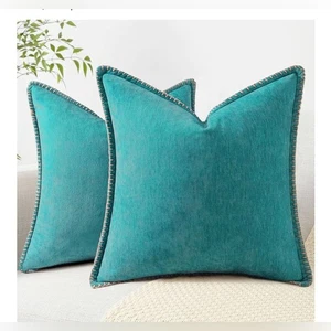 NEU Chenille weiche Kissenbezüge 22x22 2er Set genähter Rand türkis - Bild 1 von 5