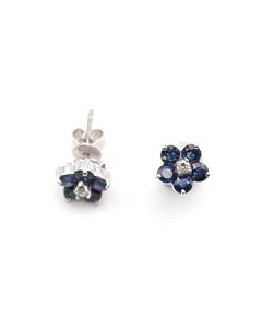 Clous d'oreille fleur saphirs en or 18k, saphirs navette, diamant taille brillan - Picture 1 of 6