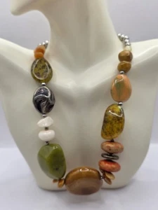 Erdton Grob Stein mit Silber Perlen Halskette 18" - Bild 1 von 7