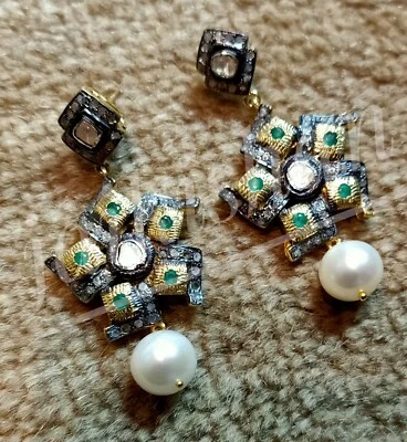 Smeraldo Perla Gemma Pendente Orecchino 925 Argento Sterling Diamante Polki - Immagine 1 di 4