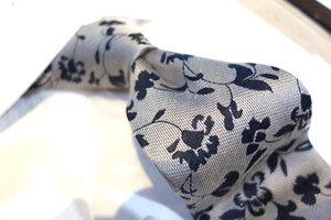Bruno Marchesi Silk Blend Tie Necktie Gray Herringbone Midnight Blue Vine Flower - Picture 1 of 2