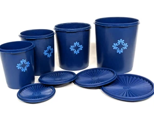Vintage Tupperware Servalier Set of 4 W/ Lids Blueberry Blue Canisters Nesting - Picture 1 of 12