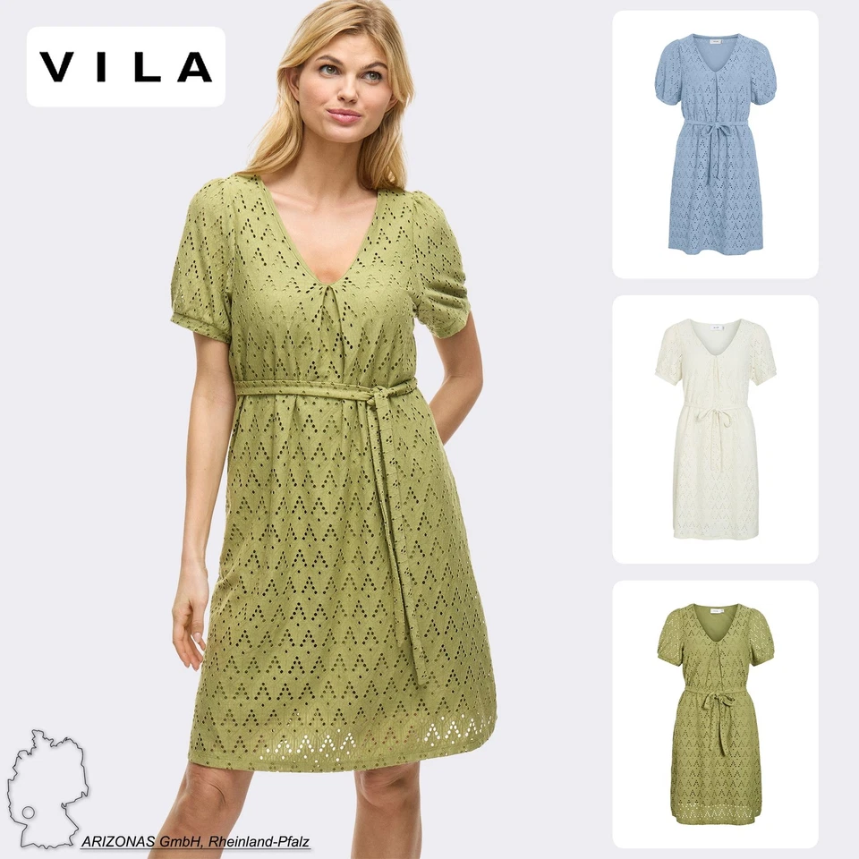 VILA Vestitino donna con cintura stretta, mezza manica, scollo a V, motivo a buc - Immagine 1 di 1