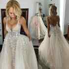 Champagne V Neck Lace Wedding Dresses with Detachable Train Backless Bridal Gown