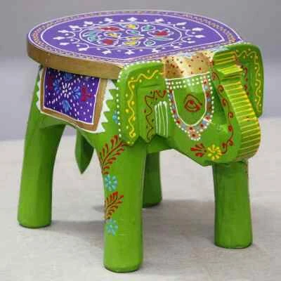 Green & Purpal Hand Painted Elephant Stool Decorative Wooden Miniature Table - Image 1 of 4