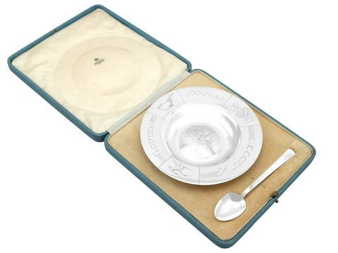 Antique George V Sterling Silver Christening Bowl and Spoon Cover