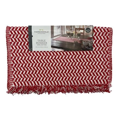 NWT Threshold Table Runner Barn Red White Fringed 14" X 72" Farmhouse Christmas - Image 1 of 4