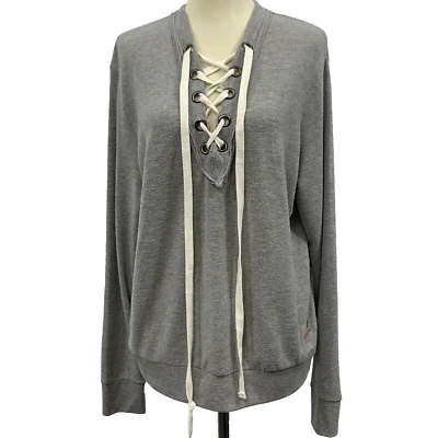 Peace Love World Mujer Gris Corbata Cuello Suave Manga Larga Pull Over Top Talla XS/S Foto 1 de 4