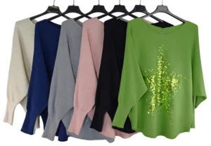 Jersey estrella de lentejuelas con estilo Lagenlook italiano para dama con mangas de ala de murciélago. - Imagen 1 de 35