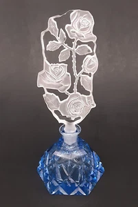 Art Deco 1930s Signed Czech Blue Cut Glass Frosted Crystal ROSES Perfume Bottle - Picture 1 of 24