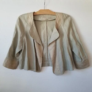 Michael Kors Blazer Womens 10 Linen Blend Blazer Metallic Trim Open Front Tan - Picture 1 of 9
