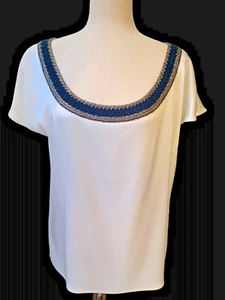 St John Sportswear Liquid Satin Woven Neck Short Sleeve Ladies M NWT Navy Gold - Picture 1 of 8