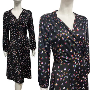 Vintage Dress 80's Black Floral Wrap 10-12-14 Retro 40s Style Medium/Large - Picture 1 of 4