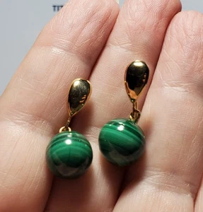 14K Yellow Gold Green Malachite Pierced Earrings 5.17 Grams - Foto 1 di 3