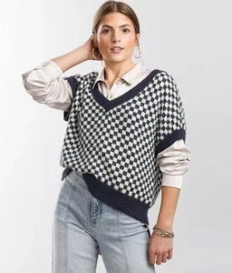 Free People Through the Motions Checkered Vest Sweater Top Navy White Sapphire S - Picture 1 of 16