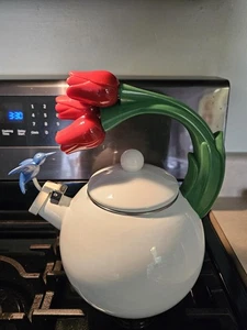 Vintage 1997 Via Whistling Tea Kettle Tulip Handle Bluebird Spout Ancona 2 NYC - Picture 1 of 6