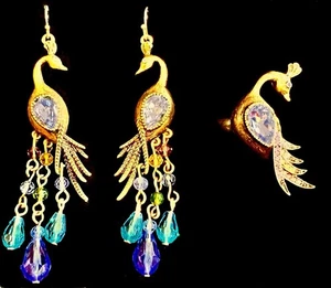 New Avon PEACOCK Dangle Drop EARRINGS & RING Bronze-tone Blue Beads Rhinestone - Picture 1 of 6