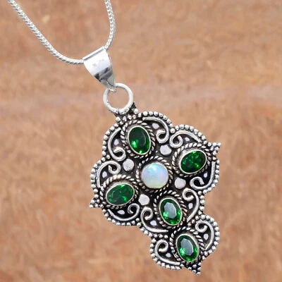 Colgante agradecido cruz plata esterlina 925 piedras preciosas ópalo de fuego diopsido cromado Foto 1 de 4