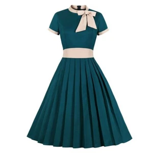 Turquoise Bow Tie Pleated Elegant Party Midi Vintage Swing Dress Plus Size - Picture 1 of 8
