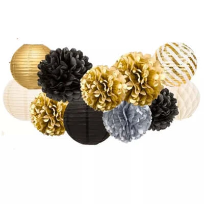 Black & Gold Paper Pom Poms and Lanterns 11pk Birthday Wedding Party Decorations - Image 1 of 2