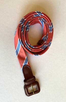 BROOKS BROTHERS Belt Women SZ Large 100% Silk Genuine Leather Coral Blue Stripes - Image 1 of 4