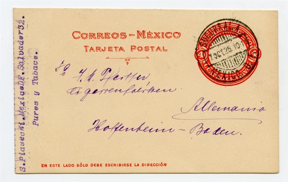 Tarjeta de papelería postal MÉXICO 1925 a Alemania  Foto 1 de 1