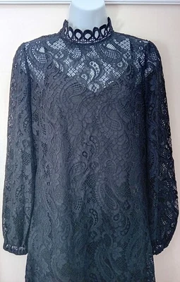 Ladies Short Black Dress Uk 10 High Neck Lace with slip - Party/Cocktails/Disco  - Image 1 of 4