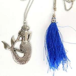 Silvertone Lot 2 Boho Blue Fringe Laghcat Mermaid 16" Necklaces - Picture 1 of 6