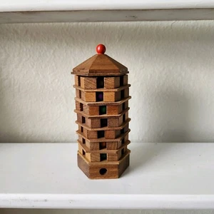 Chinese Pagoda Puzzle Game Wooden Brain Teaser Toy Figurine Shelf Sitter 6.25" - Picture 1 of 10