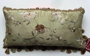 "Neu mit Etikett Dupioni besticktes Kissen aus Seide mit Fransen & Quasten 12""x24""" - Bild 1 von 2