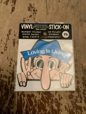 Vintage 1972 Big Nose Loving Is Living Vinyl Bumper Sticker Sealed Blue - Image 1 of 2