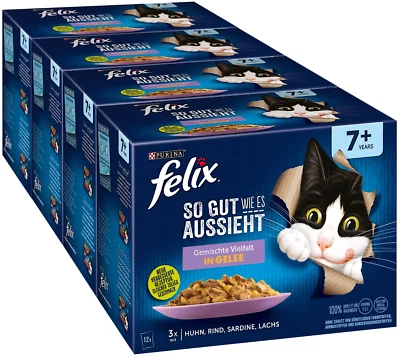 FELIX 7+ SENIOR Katzenfutter Nass - Fleisch & Fisch MIX in Gelee - 48 x 85g