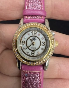VINTAGE KIRKS FOLLY CRYSTAL BEZEL QUARTZ K4814 PINK GLITTER BAND WATCH - Picture 1 of 13