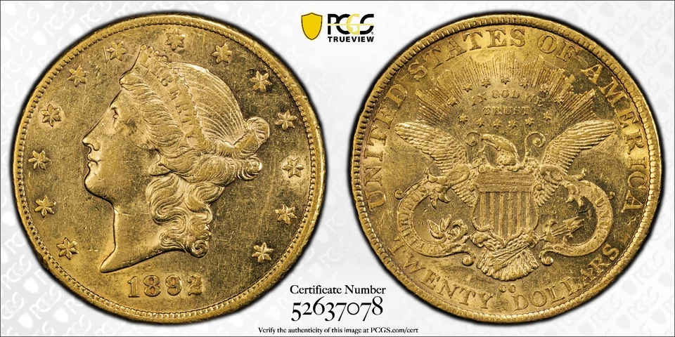 1892-CC $20 PCGS AU-53 EE. UU. Oro Liberty Head Doble Águila Foto 1 de 4