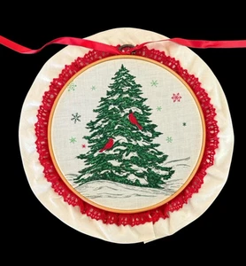 Christmas Tree Wall Hanging with Red Cardinals Snowflakes Homemade Wooden Hoop - Picture 1 of 5