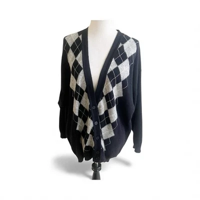 Land’s End Vintage Women’s Argyle Cardigan Sweater Lambswool Black Gray Size XL - Image 1 of 4