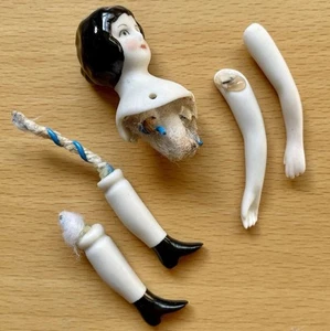Doll Body Parts Vintage Porcelain 4” Lady Head Arms Legs 5 Pcs Black Hair Fair - Picture 1 of 11