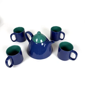 Vintage Pagnossin Treviso zweifarbig blau grün Teekanne Set 4 Tassen Made in Italy - Bild 1 von 13