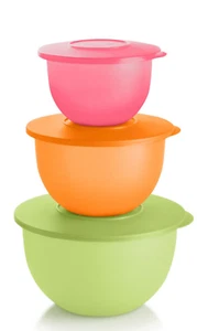 Tupperware Impressions Servizio Ciotole Stoccaggio Miscelazione 3 Set Rosso Arancio Rosso Nuovo - Foto 1 di 2