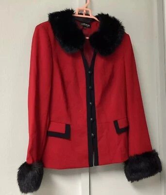 John Meyer Collection Size 12 Women Red Blazer Suit Jacket Faux Fur Trim - Image 1 of 4
