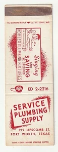 MATCHBOOK COVER - SERVICE SANITÄRBEDARF - FORT WORTH TEXAS - KOHLER - Bild 1 von 3