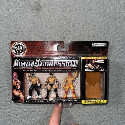 WWE MICRO AGGRESSION 3 PACK FIGURE SERIES 2 Rey Mysterio Batista Hulk Hogan New - Image 1 of 4