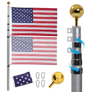 25FT Telescopic Flagpole Kit Heavy Duty Aluminum Flag Pole American Silver - Picture 1 of 8