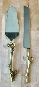 GODINGER 2 Pc GOLD LEAF CAKE SERVER SET. CAKE KNIFE & CAKE SERVER LEAF DESIGN - Picture 1 of 7