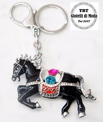 Portachiavi Uomo Donna Cavallo ner argento Ciondolo Borsa,Cristalli TBT-gioielli - Immagine 1 di 2