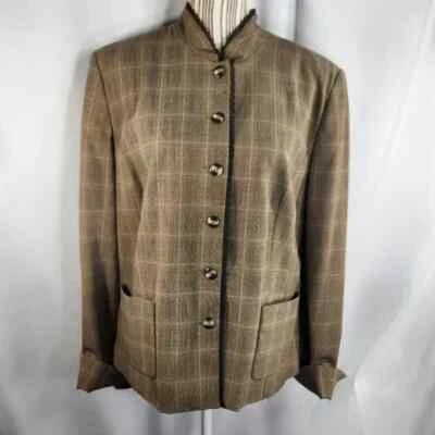 Blazer Emma James marrón elástico con encaje a cuadros rojo recortado sin cuello talla 16 Foto 1 de 4