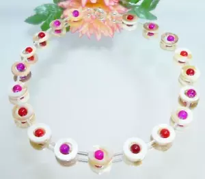Halskette Perlmutt Donut Natur weiß Perlen rot hellrot pink dunkelrot 353p - Bild 1 von 9