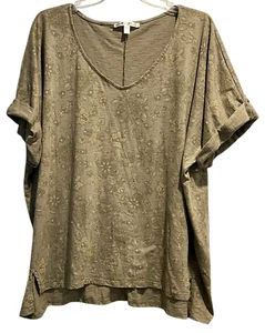 Seven7 Womens Blouse Size 2XL Olive Pale Floral Print V Neck Short Sleeve Boho - Picture 1 of 7